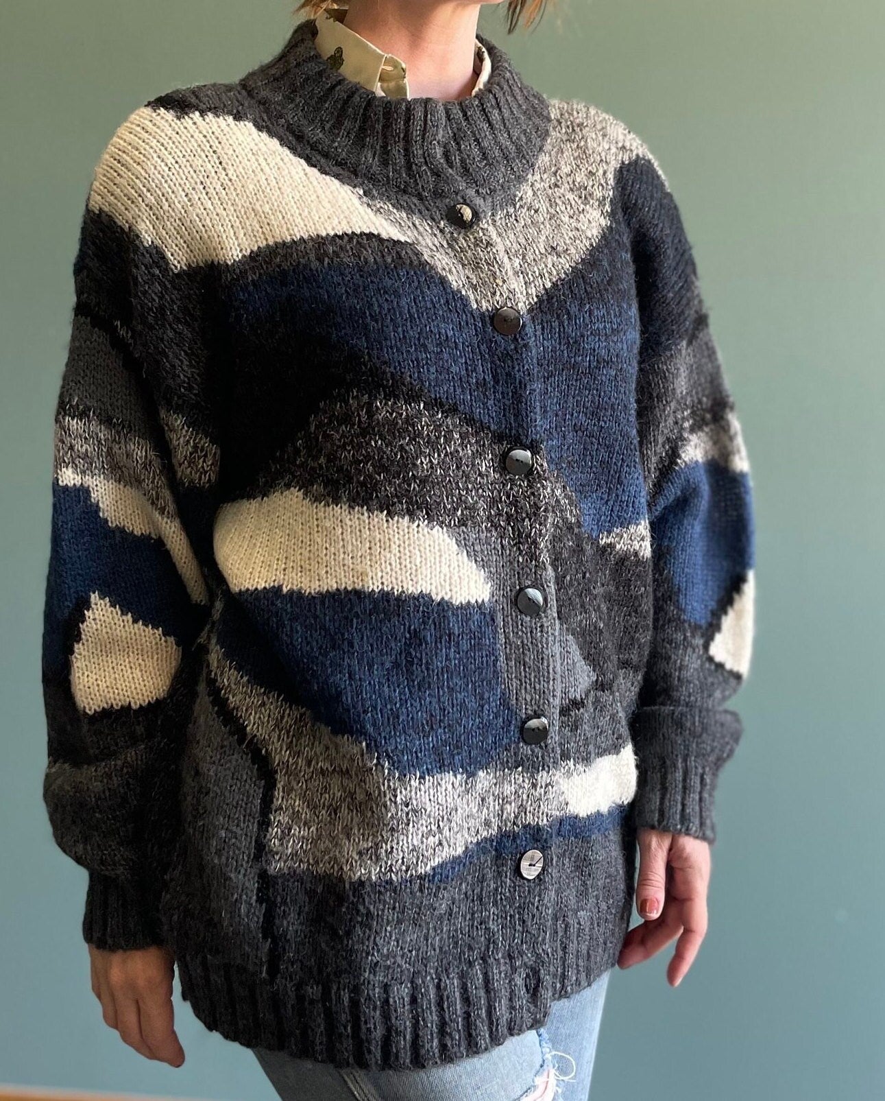 vtg 80s PATTERNED MOHAIR SWEATER // vintage chunky button up fuzzy abstract print cardigan 3D cloud print textured sweater jacket vintage