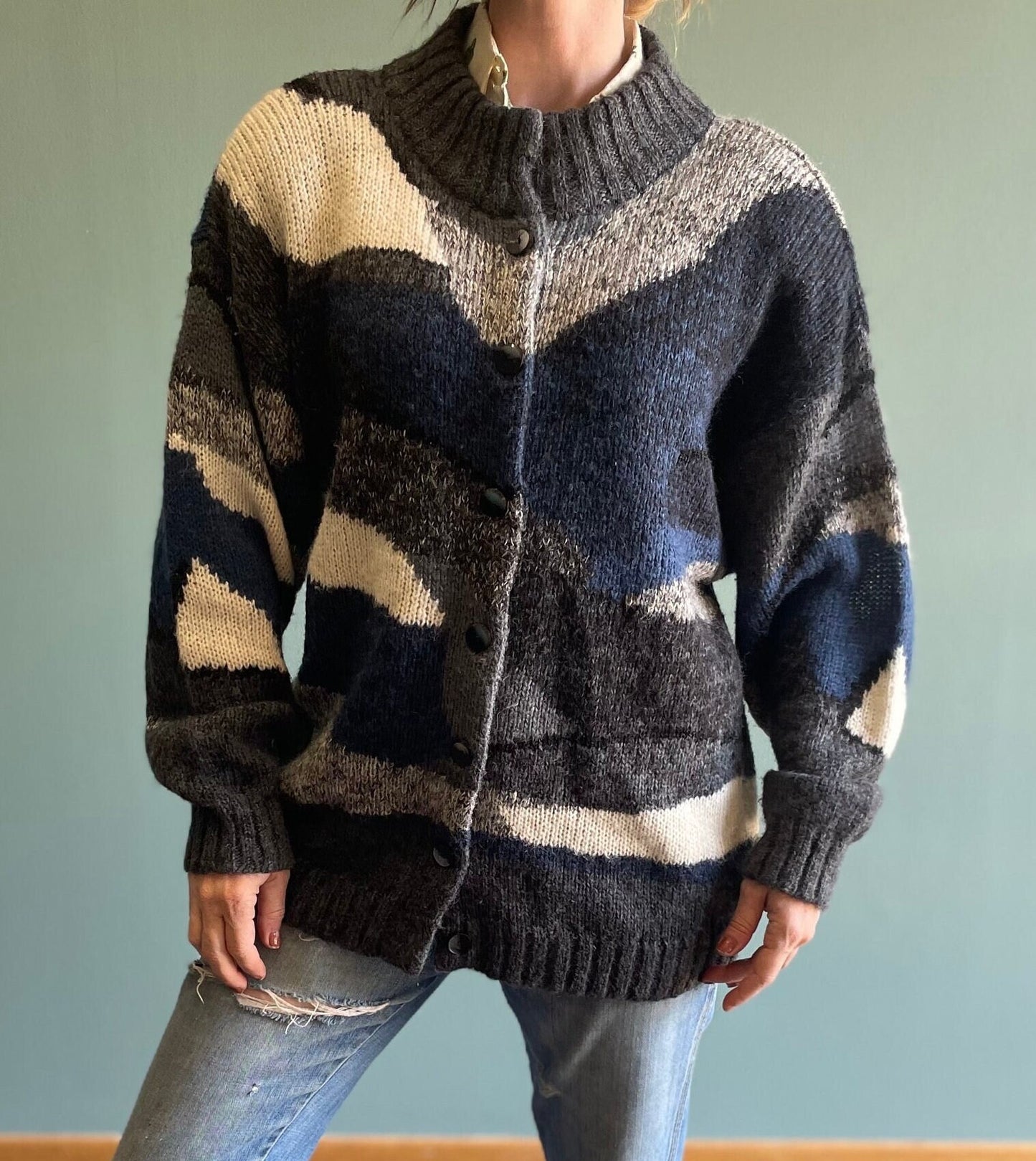 vtg 80s PATTERNED MOHAIR SWEATER // vintage chunky button up fuzzy abstract print cardigan 3D cloud print textured sweater jacket vintage