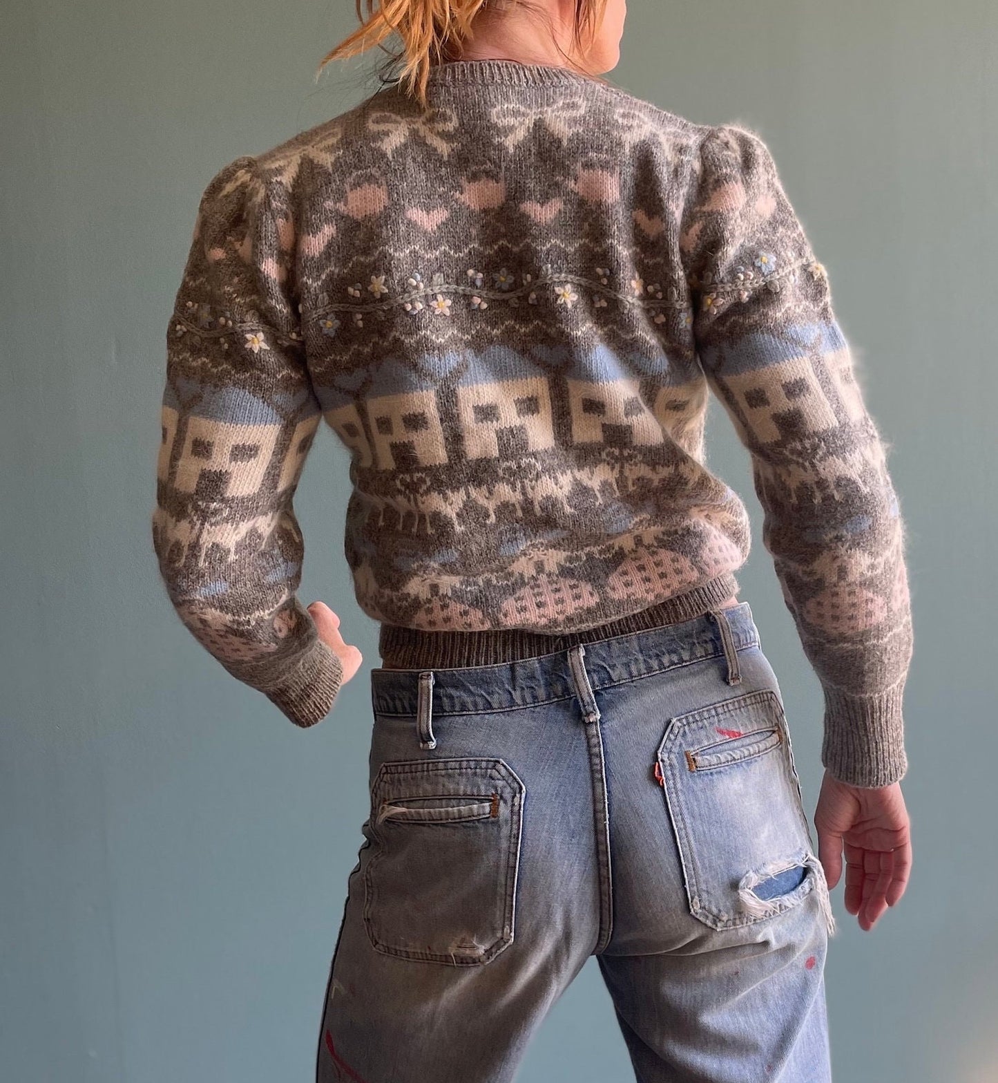 Vintage 80s HOUSE PATTERNED SWEATER // vintage angora fuzzy all over print hand knit Susan Bristol cottage pastel fairy teacher school fall