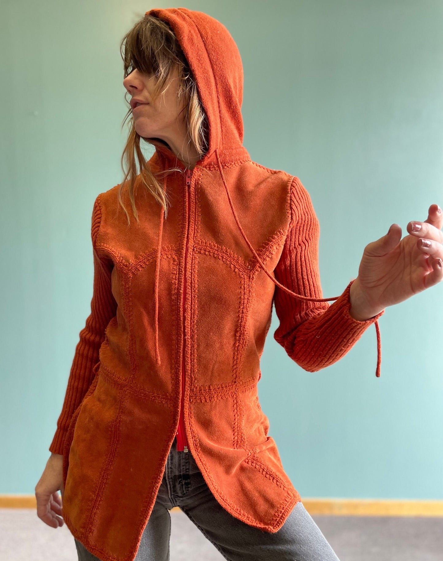 vtg 70s ORANGE SUEDE KNIT jacket // vintage hooded leather zip up coat autumn fall fashion warm tones hippie bohemian retro boho foxmoor