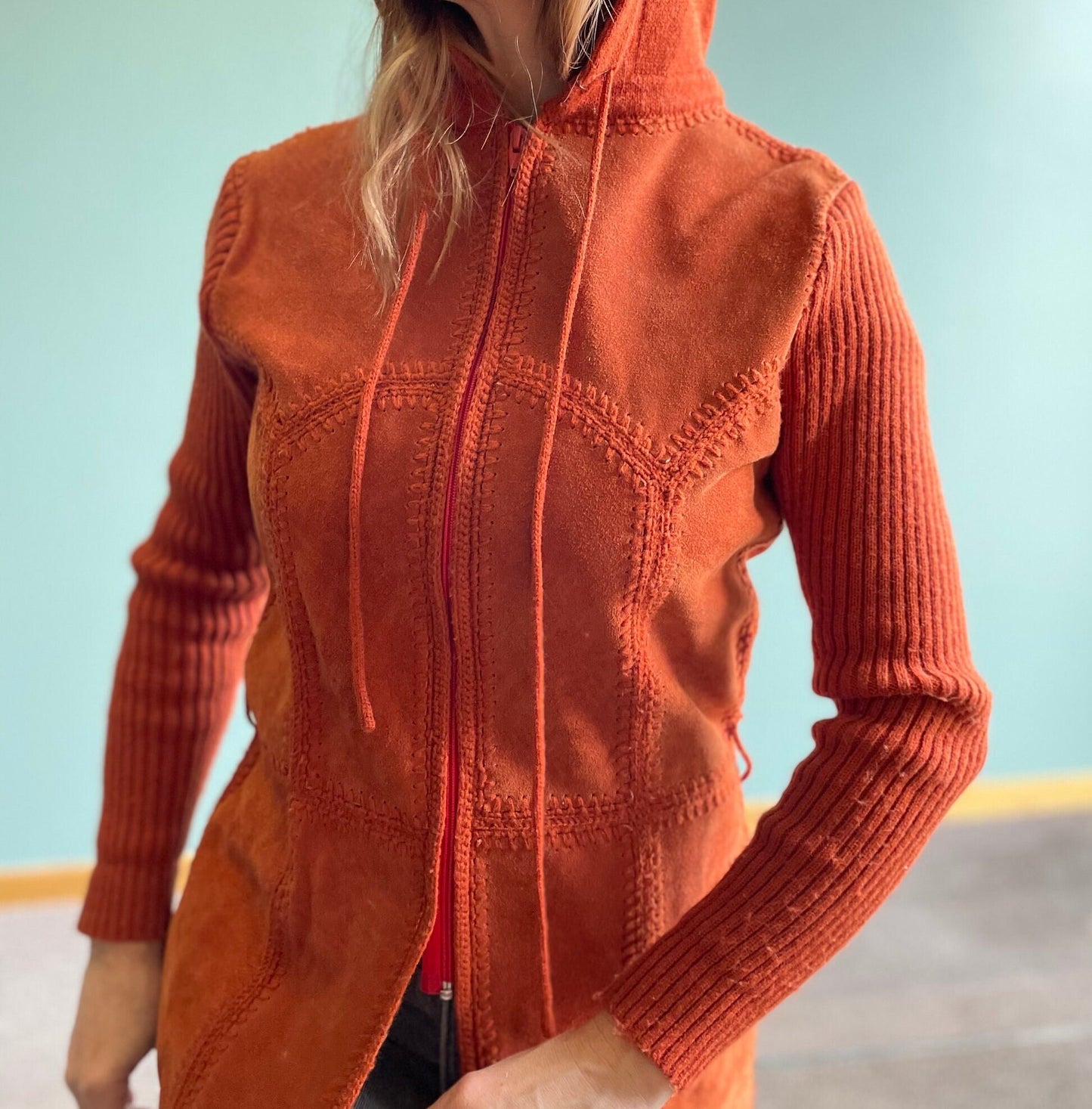 vtg 70s ORANGE SUEDE KNIT jacket // vintage hooded leather zip up coat autumn fall fashion warm tones hippie bohemian retro boho foxmoor