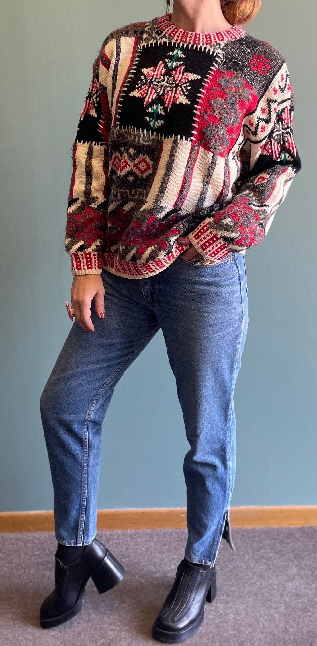 vtg 80s PATCHWORK KNIT SWEATER // vintage abstract pattern hand knit thick wool cozy autumn festive holiday era teacher style casual comfy