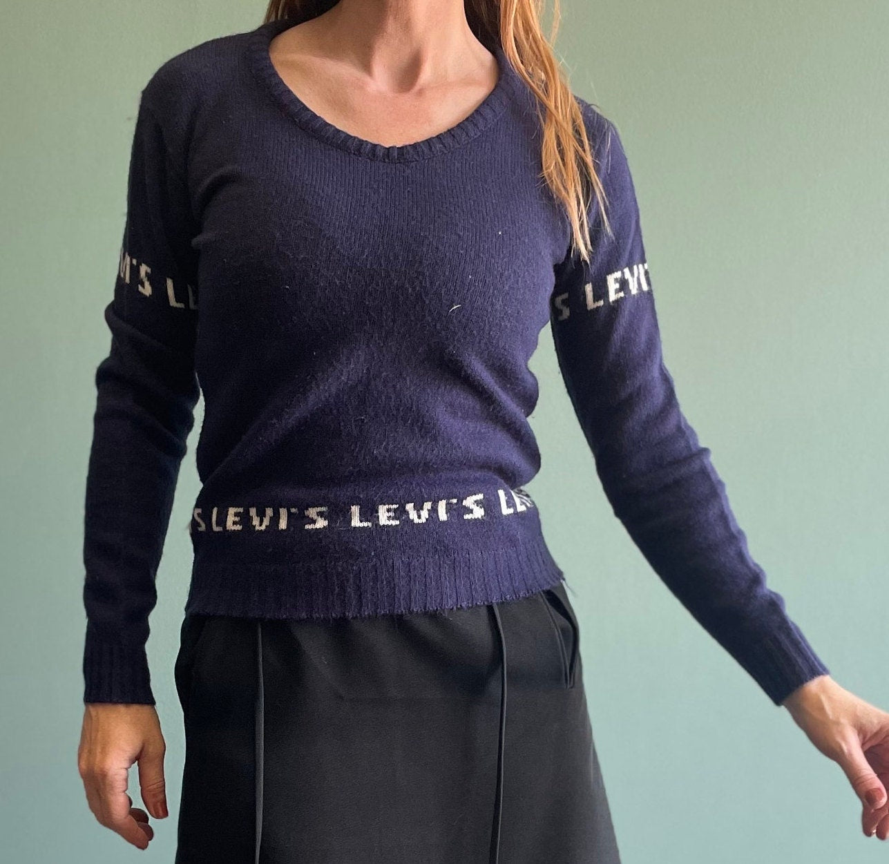 vtg 70s LEVIS SPELL OUT logo Sweater // vintage retro knit name brand scoop neck mod hippie classic movie outfit casual cute cropped sweater