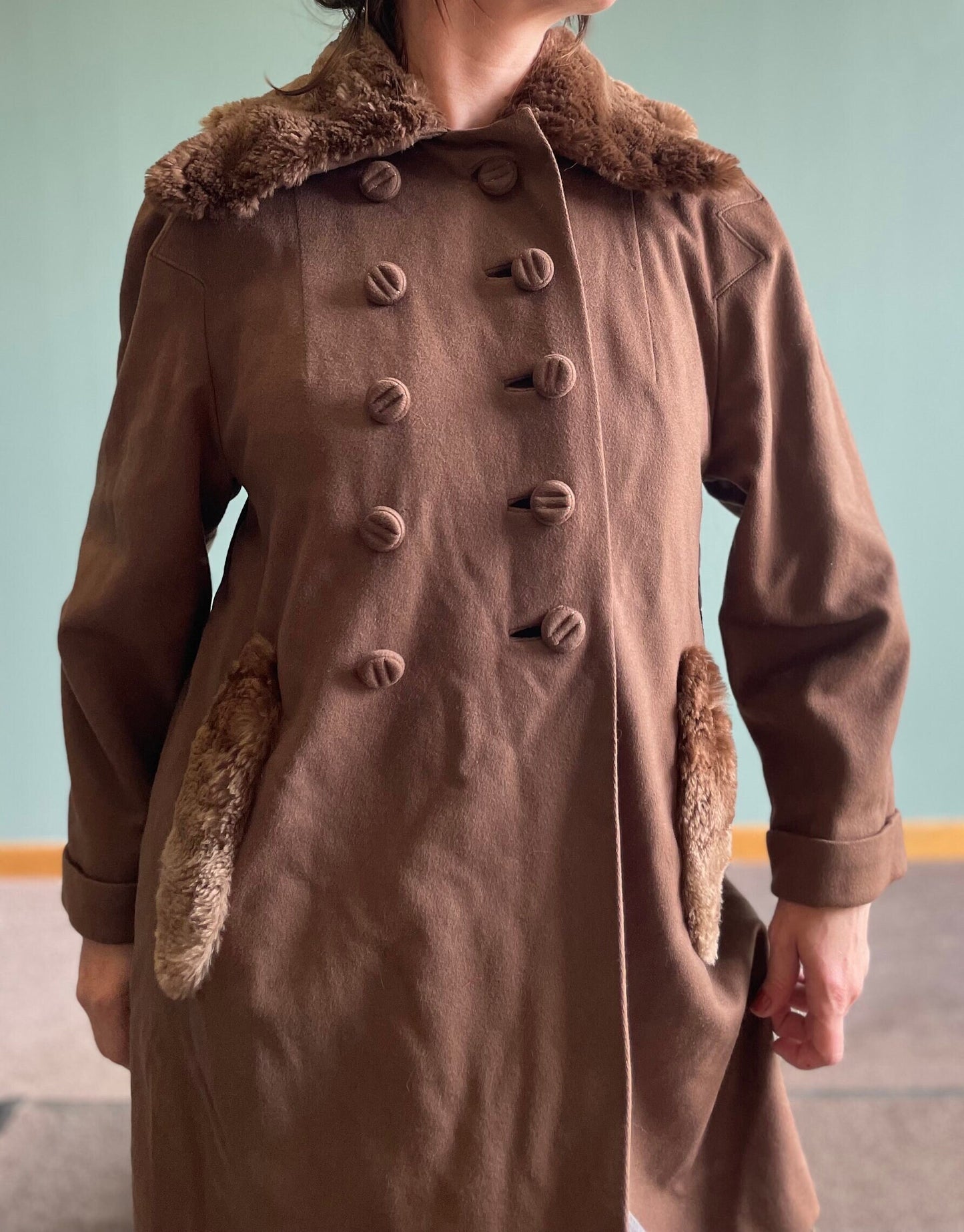 vtg 40s FUR TRIMMED COAT // vintage milk chocolate brown winter overcoat collared rabbit fur double buttons stroller jacket trench length