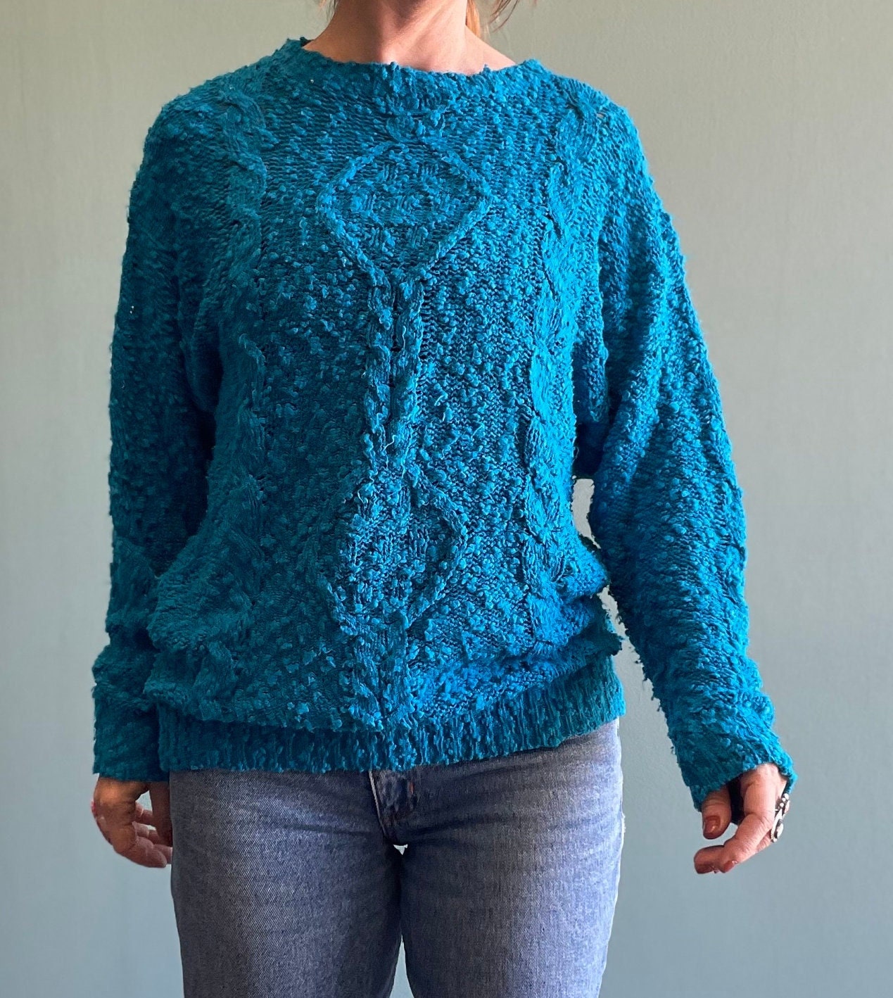 vtg 80s TEAL CABLE KNIT Sweater // vintage bright textured cobalt blue slouchy casual 3d chunky knit oversized coastal granny grunge style