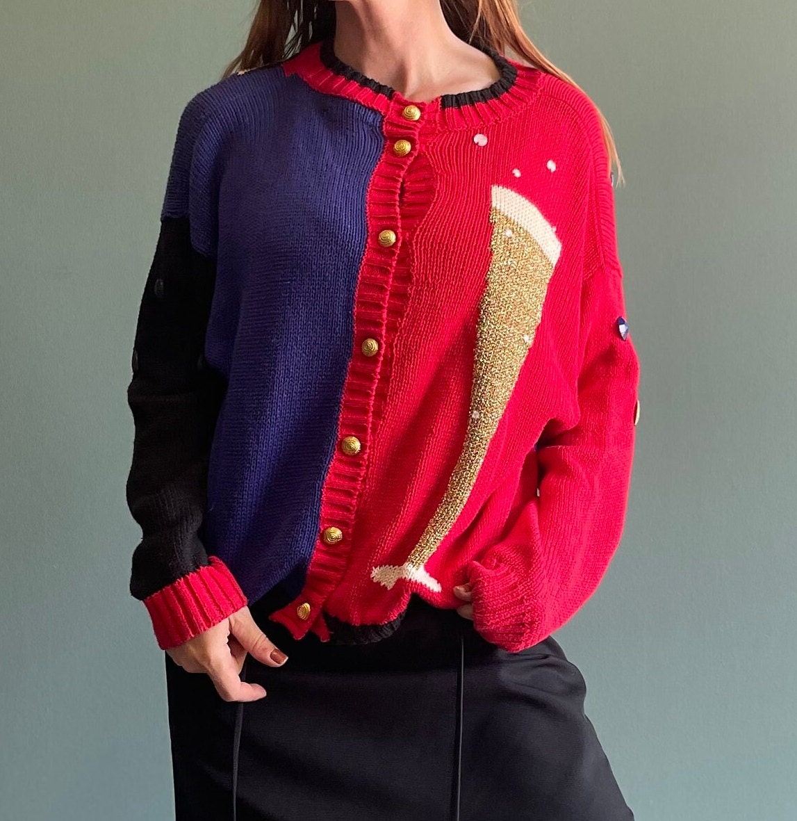 Vintage 90s Gantos Sweater / Champagne Glass New Years Eve Sweater / Funky Glitter Cardigan / Party Sweater