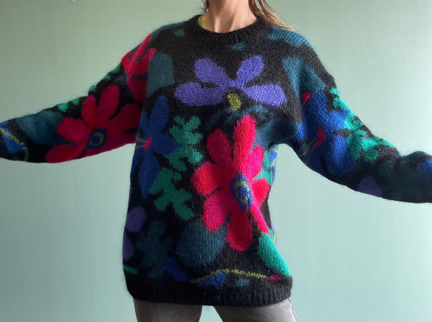 vtg 90s MOHAIR FLOWER POWER Sweater // vintage floral valley grunge style fuzzy hippie mod y2k bright funky fuzzy pullover baggy slouchy L