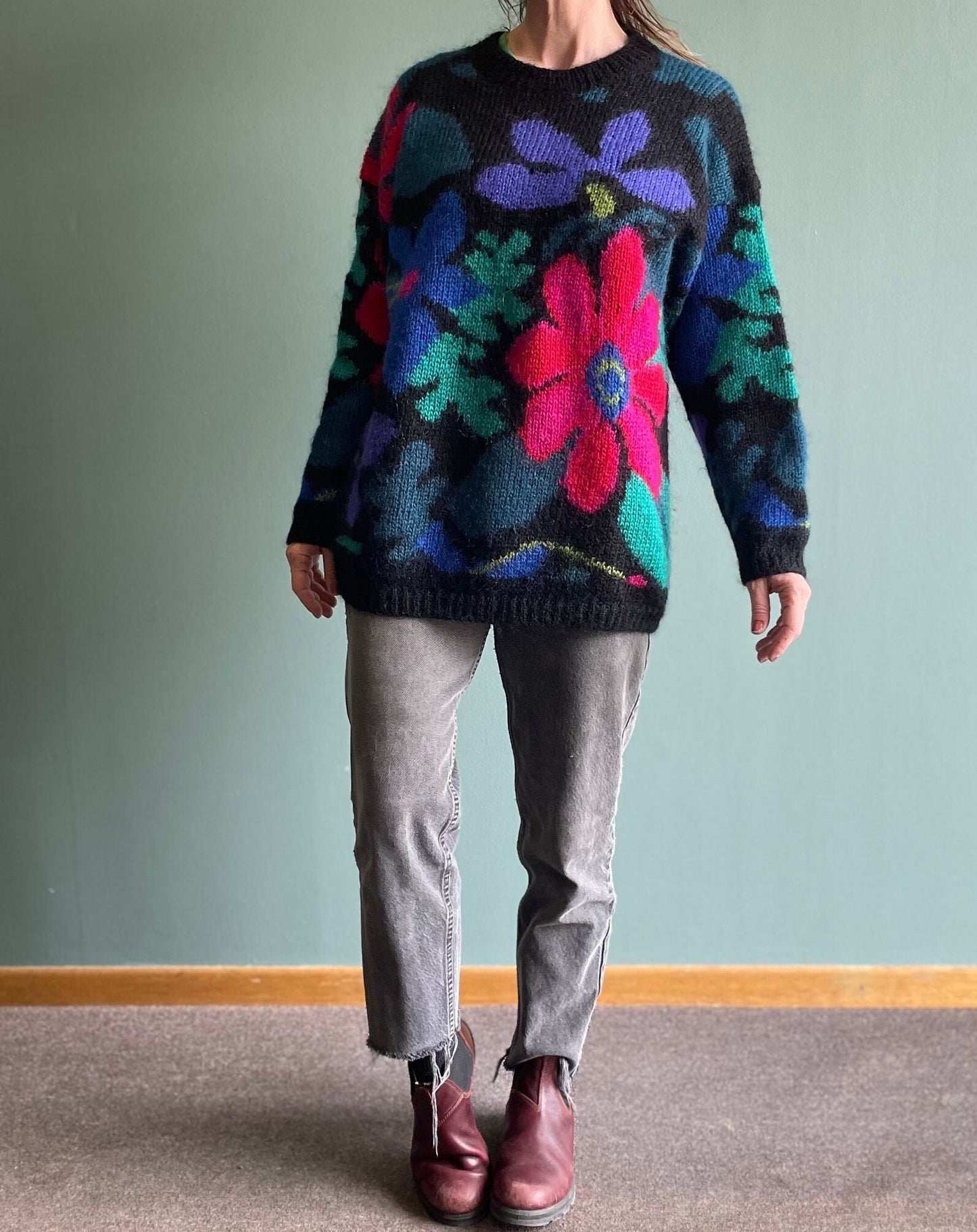 vtg 90s MOHAIR FLOWER POWER Sweater // vintage floral valley grunge style fuzzy hippie mod y2k bright funky fuzzy pullover baggy slouchy L