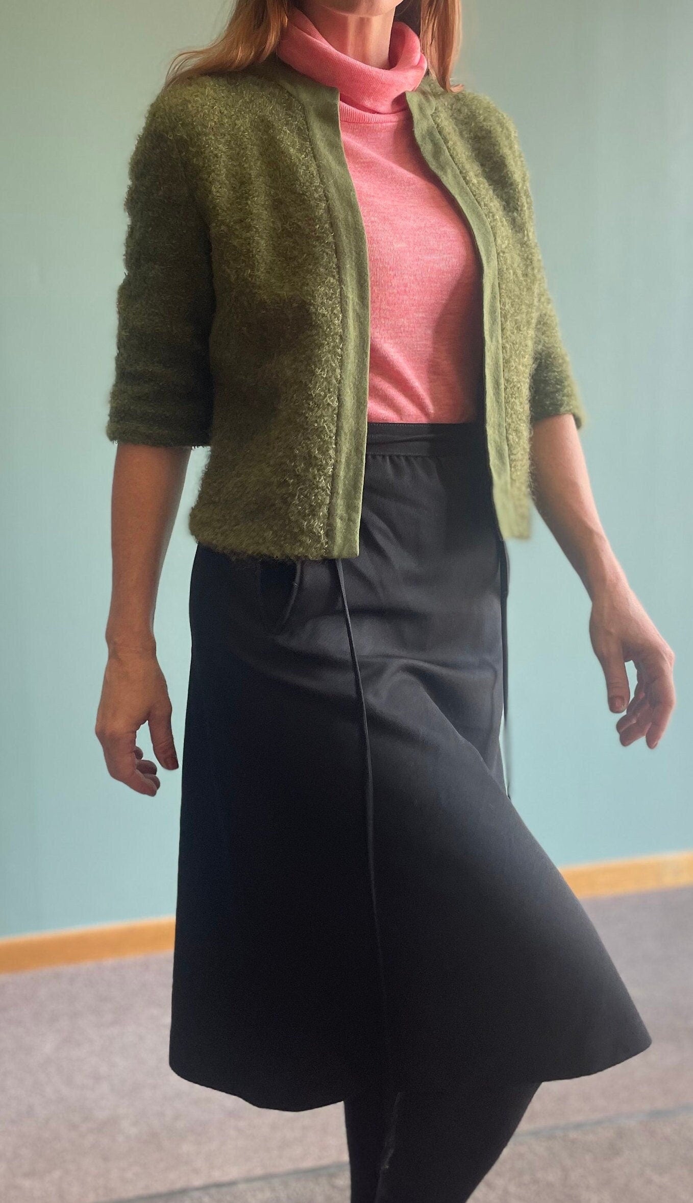 Vintage 50s 60s Green Fuzzy Sweater / Sanford Preppy Sweater / Deep Pile Green Cardigan / Rockabilly Top green cobain cardigan