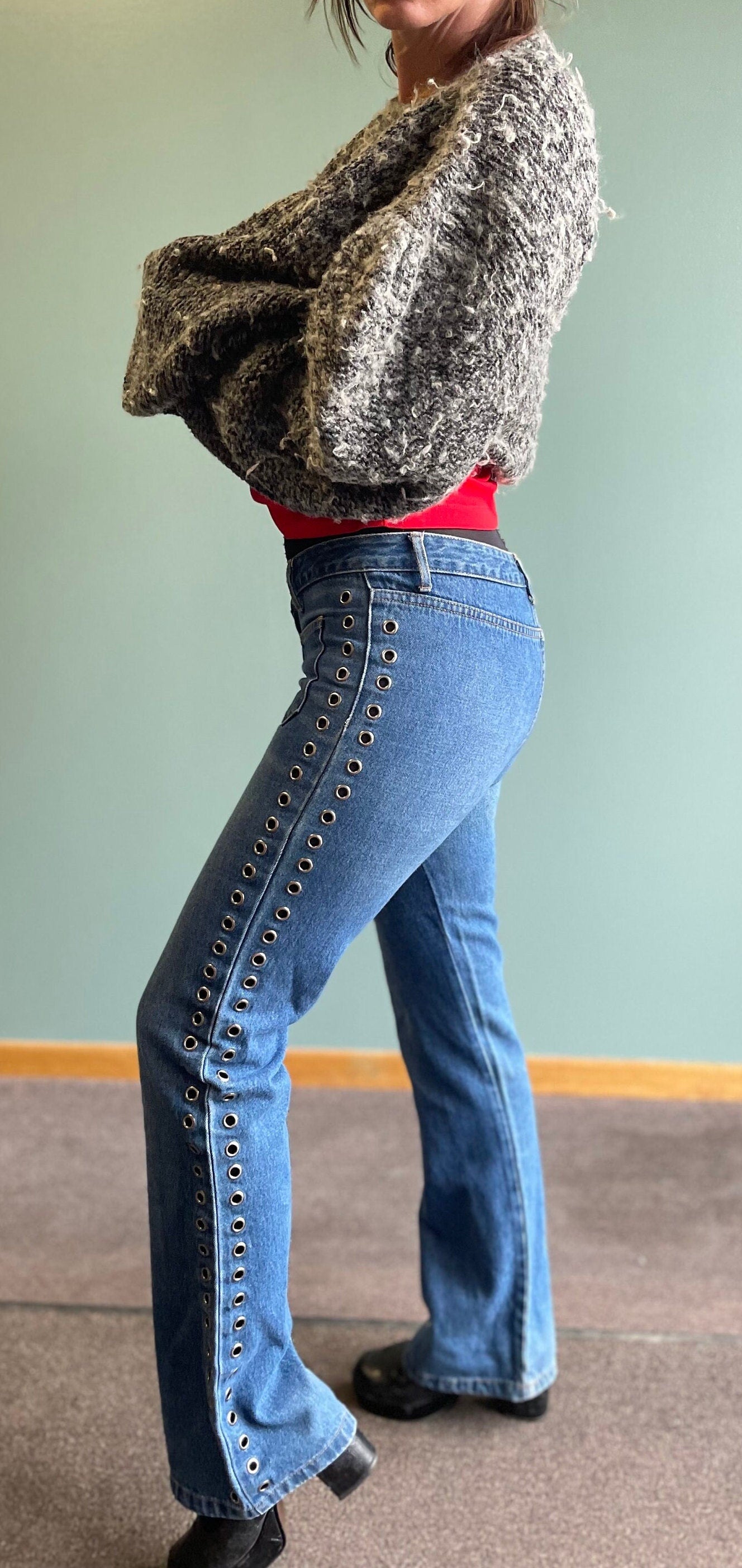 Vintage 90s Silver Ring Studded Flares / Low Rise Front Pocket Denim Jeans / 90s Y2k Bootcut Flares Fergie flare 2000s era
