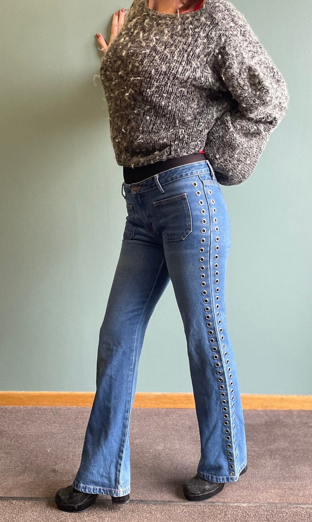 Vintage 90s Silver Ring Studded Flares / Low Rise Front Pocket Denim Jeans / 90s Y2k Bootcut Flares Fergie flare 2000s era