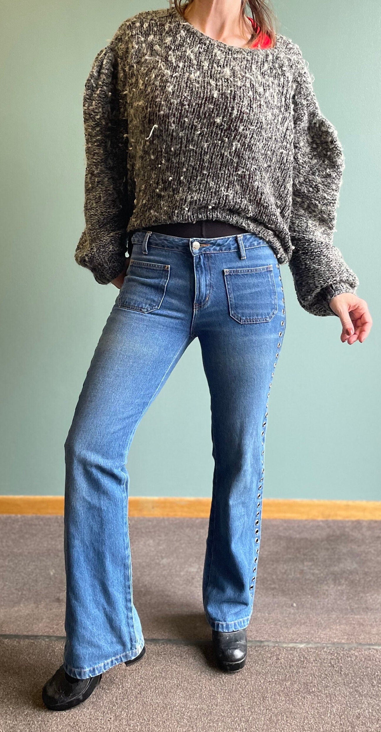Vintage 90s Silver Ring Studded Flares / Low Rise Front Pocket Denim Jeans / 90s Y2k Bootcut Flares Fergie flare 2000s era