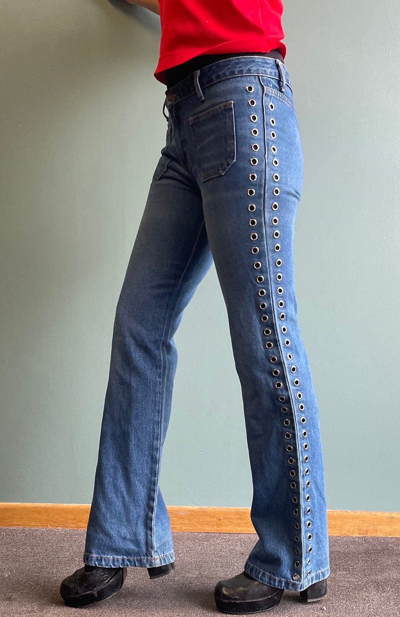 Vintage 90s Silver Ring Studded Flares / Low Rise Front Pocket Denim Jeans / 90s Y2k Bootcut Flares Fergie flare 2000s era