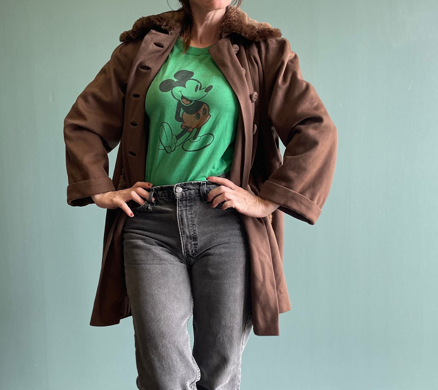 vtg 40s FUR TRIMMED COAT // vintage milk chocolate brown winter overcoat collared rabbit fur double buttons stroller jacket trench length