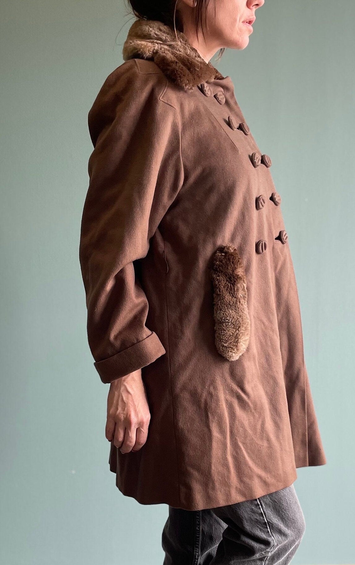 vtg 40s FUR TRIMMED COAT // vintage milk chocolate brown winter overcoat collared rabbit fur double buttons stroller jacket trench length