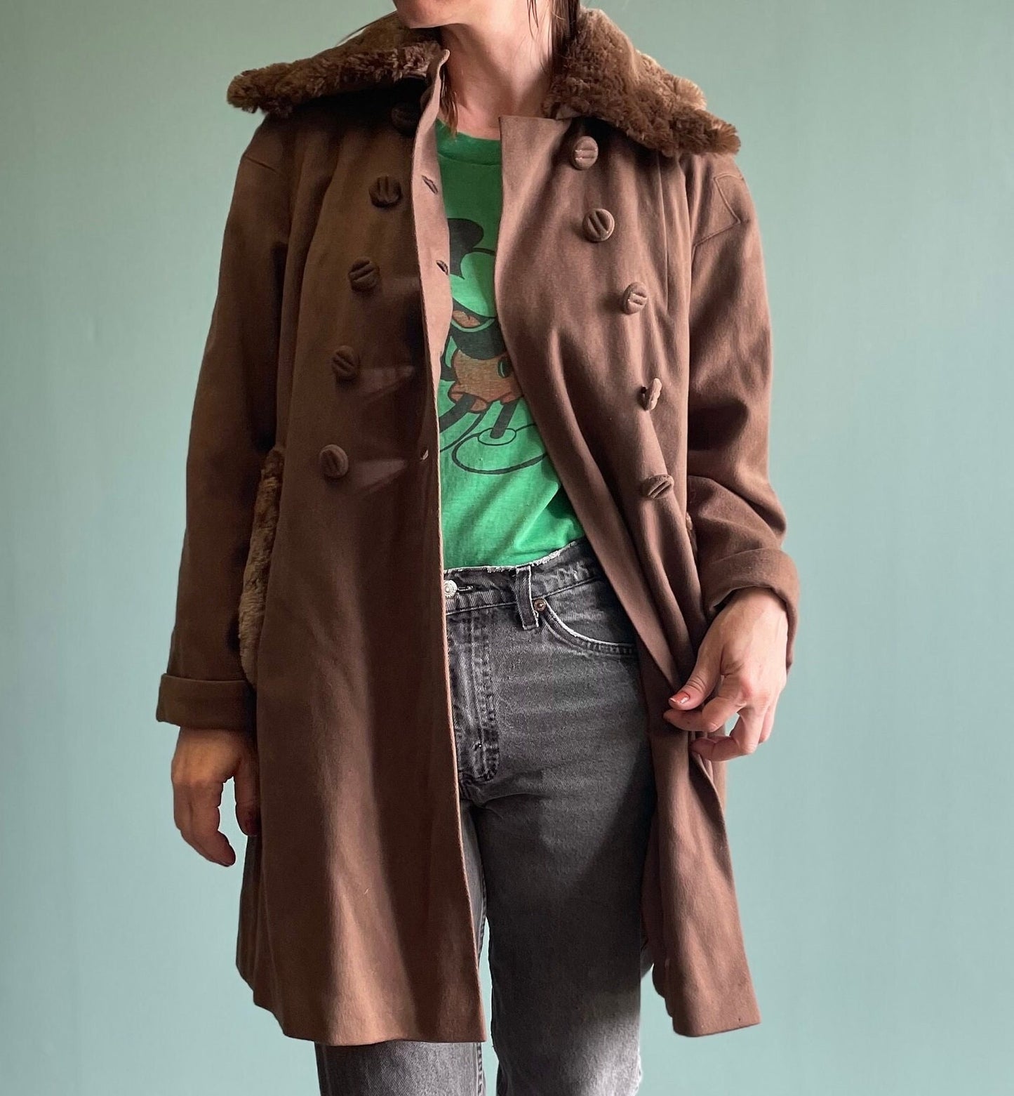vtg 40s FUR TRIMMED COAT // vintage milk chocolate brown winter overcoat collared rabbit fur double buttons stroller jacket trench length