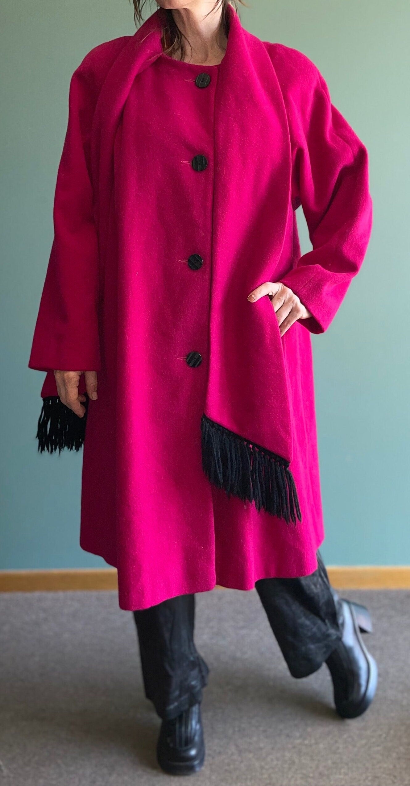 vtg FUCHSIA PINK WOOL jacket with matching scarf two tone black striped long winter coat