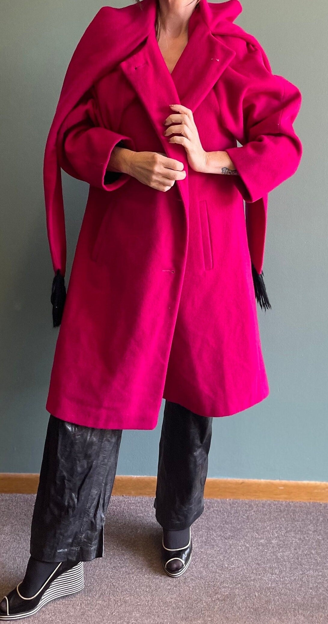 vtg FUCHSIA PINK WOOL jacket with matching scarf two tone black striped long winter coat