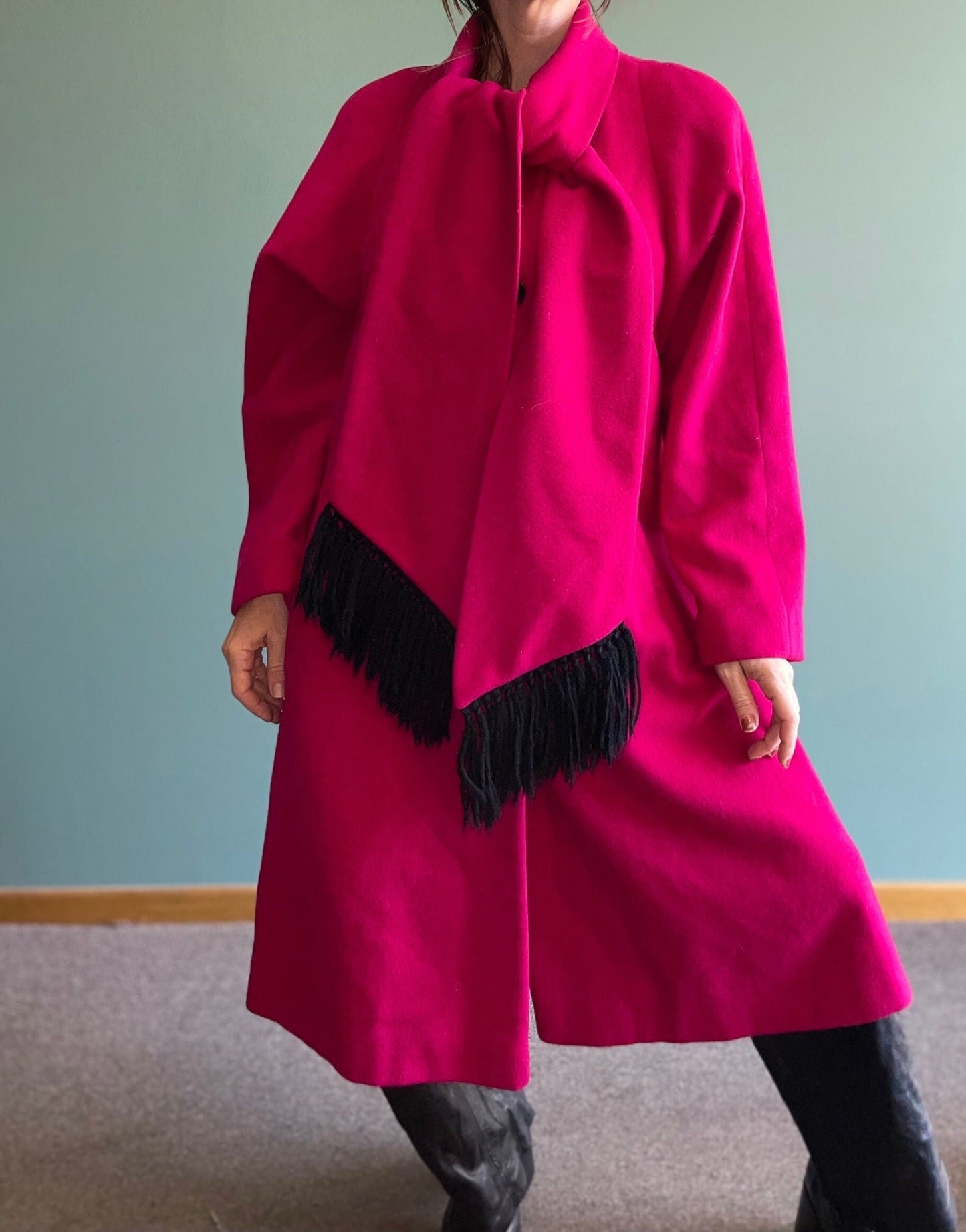 vtg FUCHSIA PINK WOOL jacket with matching scarf two tone black striped long winter coat