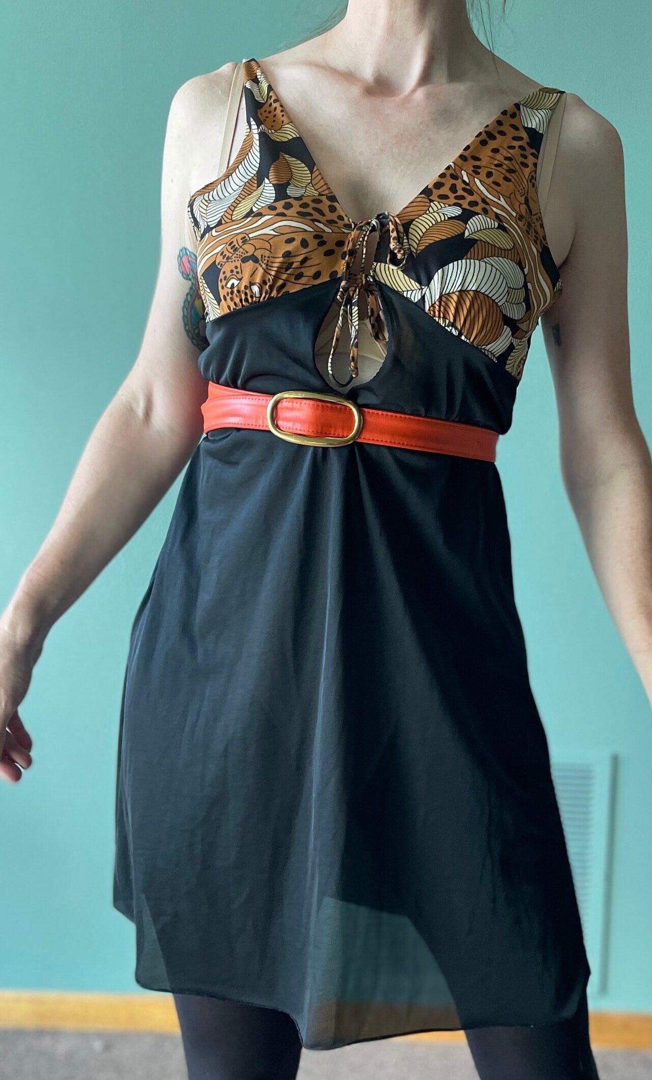 vtg 60s ANIMAL PRINT SLIP Dress // vintage mistee brand medium front tie sheer mini dress camisole teddy nightgown flowy sexy lingerie top