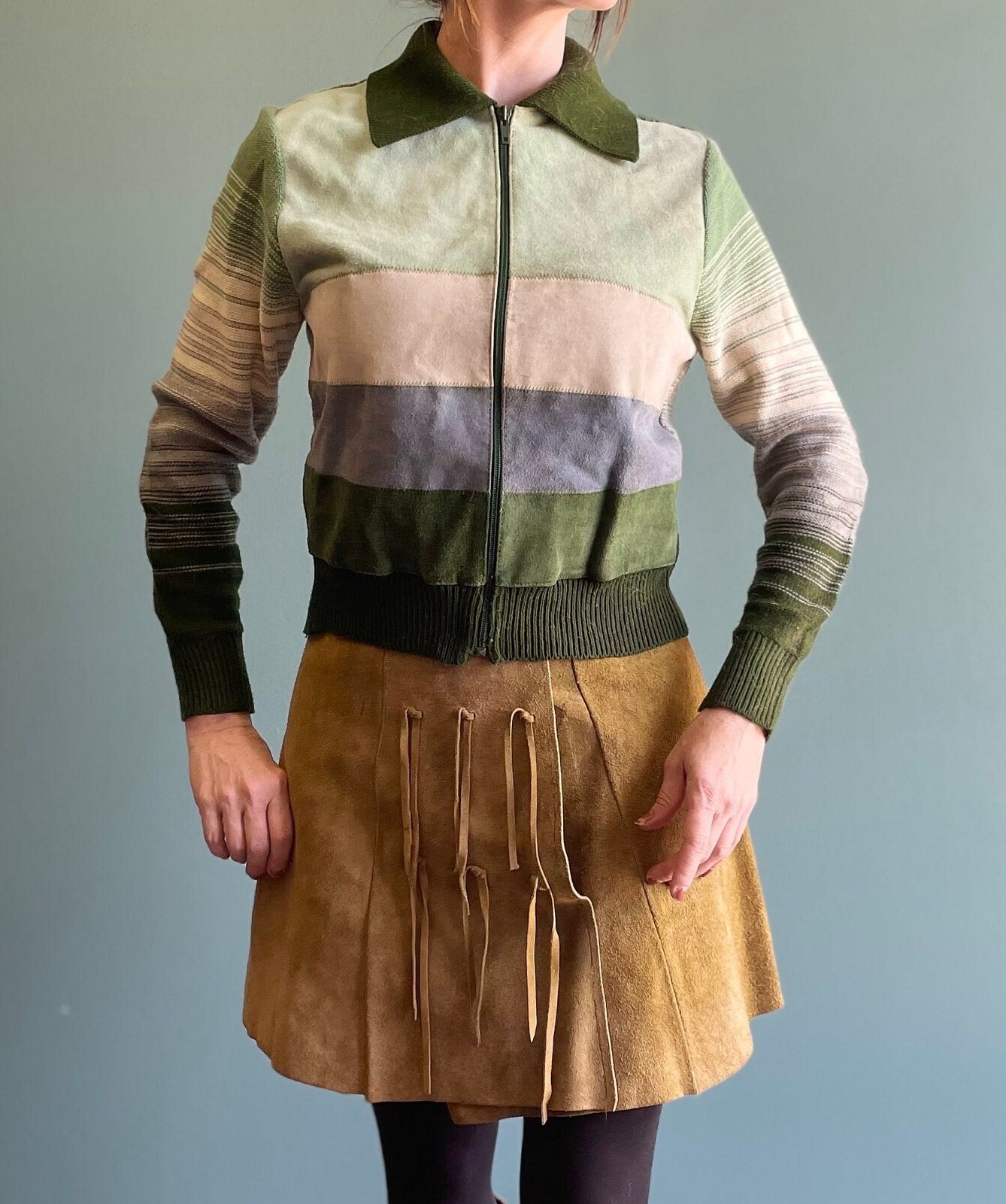 vtg 70s SUEDE PATCHWORK SPACE Dye // vintage montage medium zip up pointy collar mod hippie boho pastel green suede striped sweater jacket