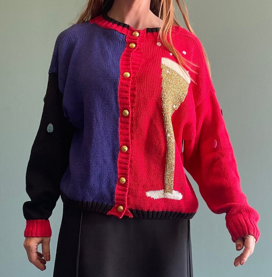 Vintage 90s Gantos Sweater / Champagne Glass New Years Eve Sweater / Funky Glitter Cardigan / Party Sweater