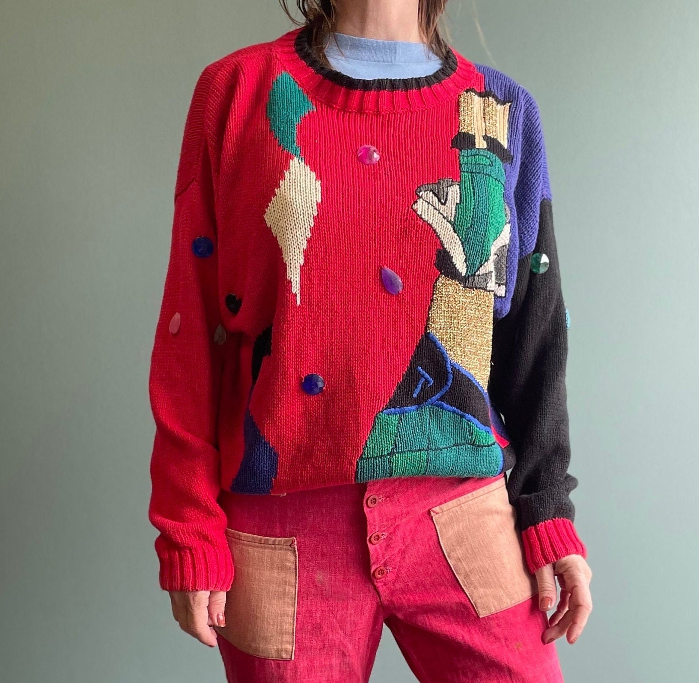 Vintage 90s Gantos Sweater / Champagne Glass New Years Eve Sweater / Funky Glitter Cardigan / Party Sweater
