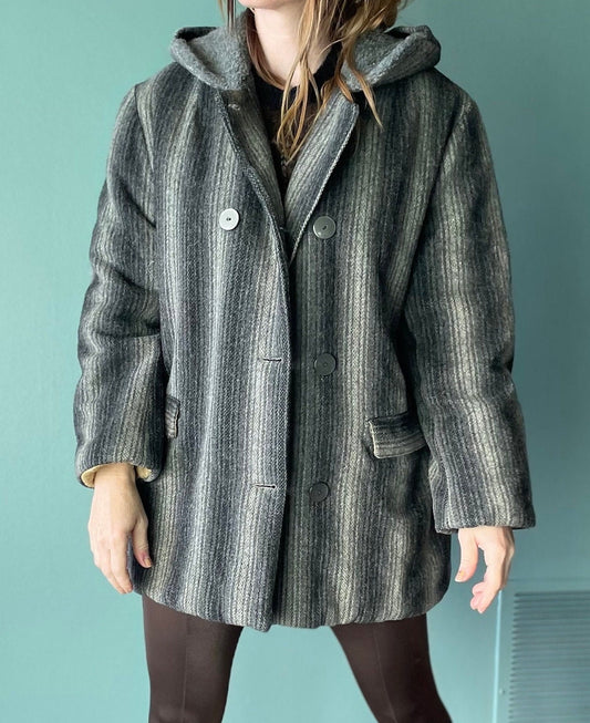 vtg 50s SHADOW STRIPED HOODED Coat // vintage quilted gray stripes wool autumn stylish winter jacket 60s warm parka overcoat stroller style