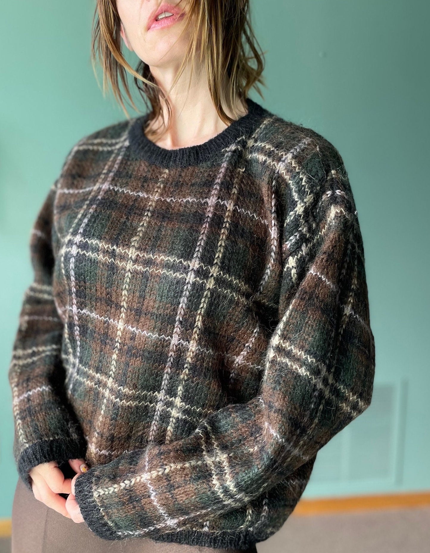 vtg 80s PLAID MOHAIR SWEATER // vintage striped paul harris design womens large neutral tones fuzzy autumn style shaggy knit boxy preppy top