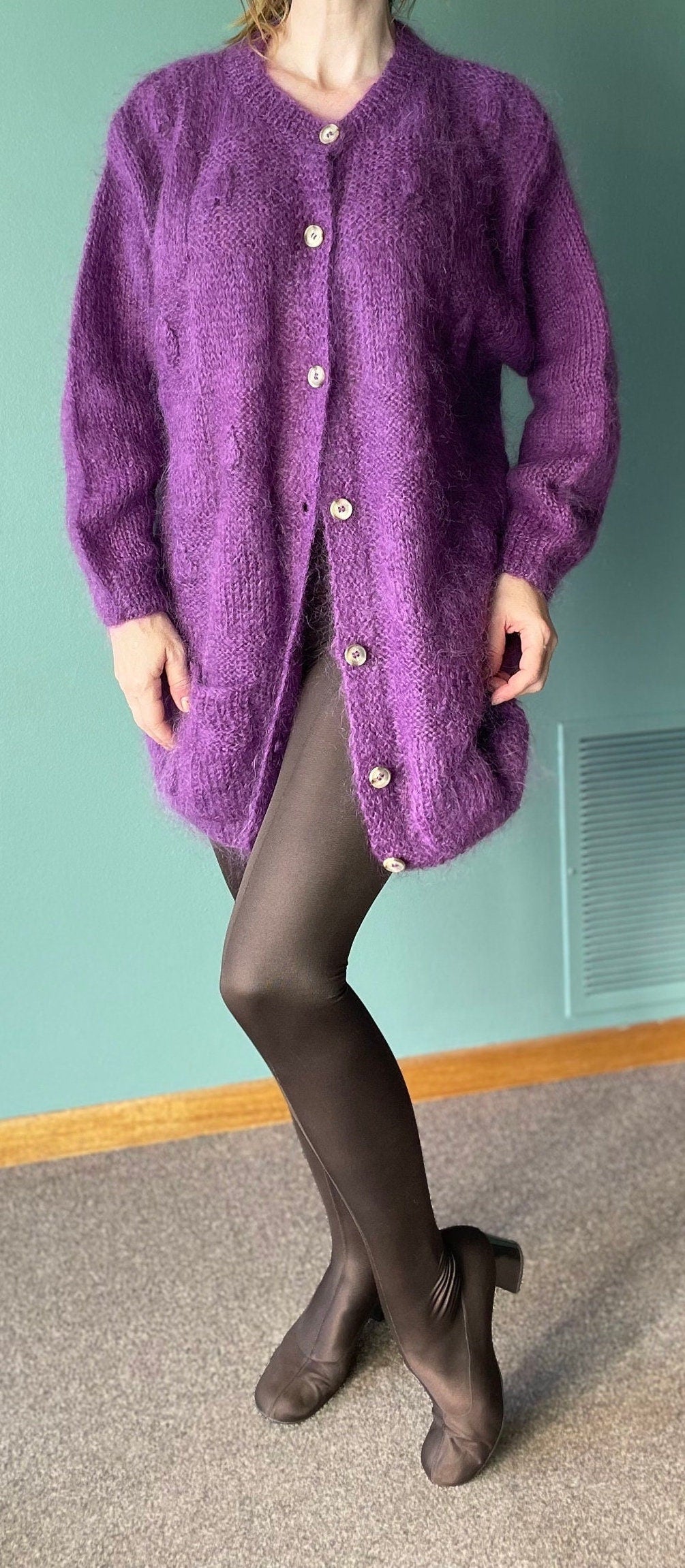 vtg 80s PURPLE MOHAIR SWEATER / vintage womens large shaggy 3D textured design fuzzy oversized cardiga long autumn sweater winter dress coat