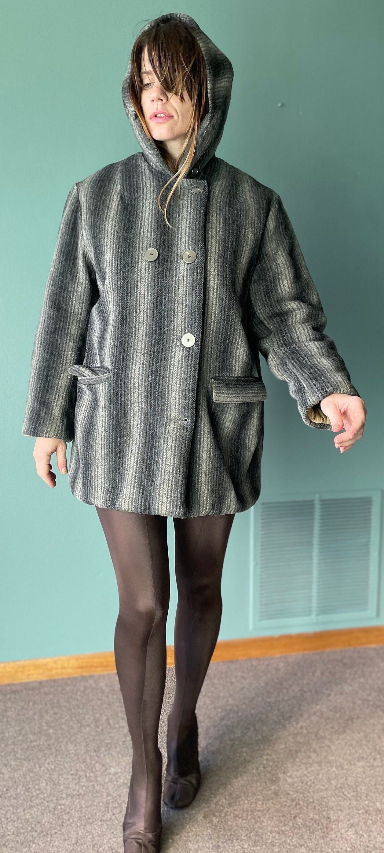 vtg 50s SHADOW STRIPED HOODED Coat // vintage quilted gray stripes wool autumn stylish winter jacket 60s warm parka overcoat stroller style