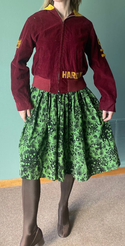 vtg 50s ABSTRACT CORDUROY SKIRT // vintage xs womens green black floral pleated autumn rockabilly preppy stylish fall outfit
