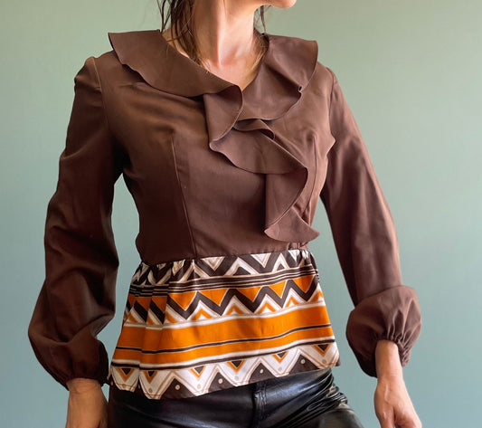 vtg 60s ABSTRACT PRINT TOP // vintage Gay Gibson small womens ruffle collar abstract pattern balloon sleeve mod retro autumn winter fashion