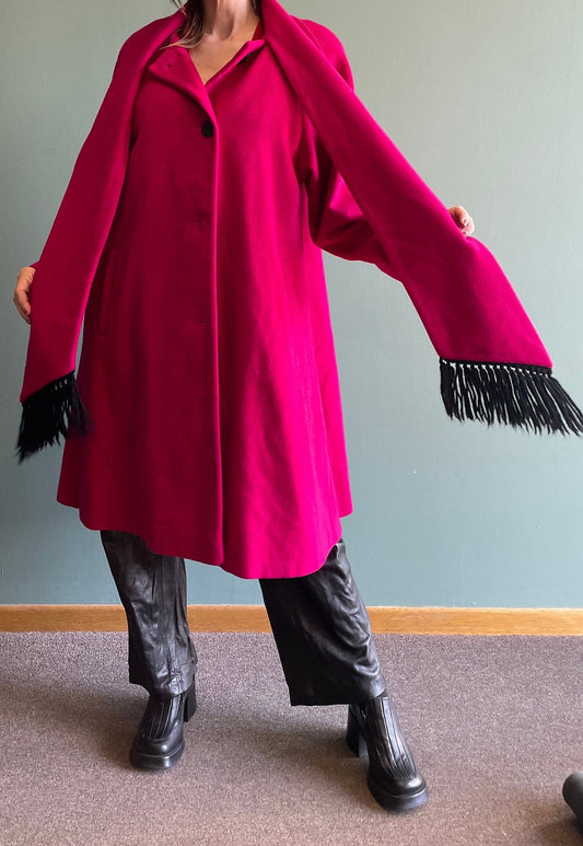 vtg FUCHSIA PINK WOOL jacket with matching scarf two tone black striped long winter coat