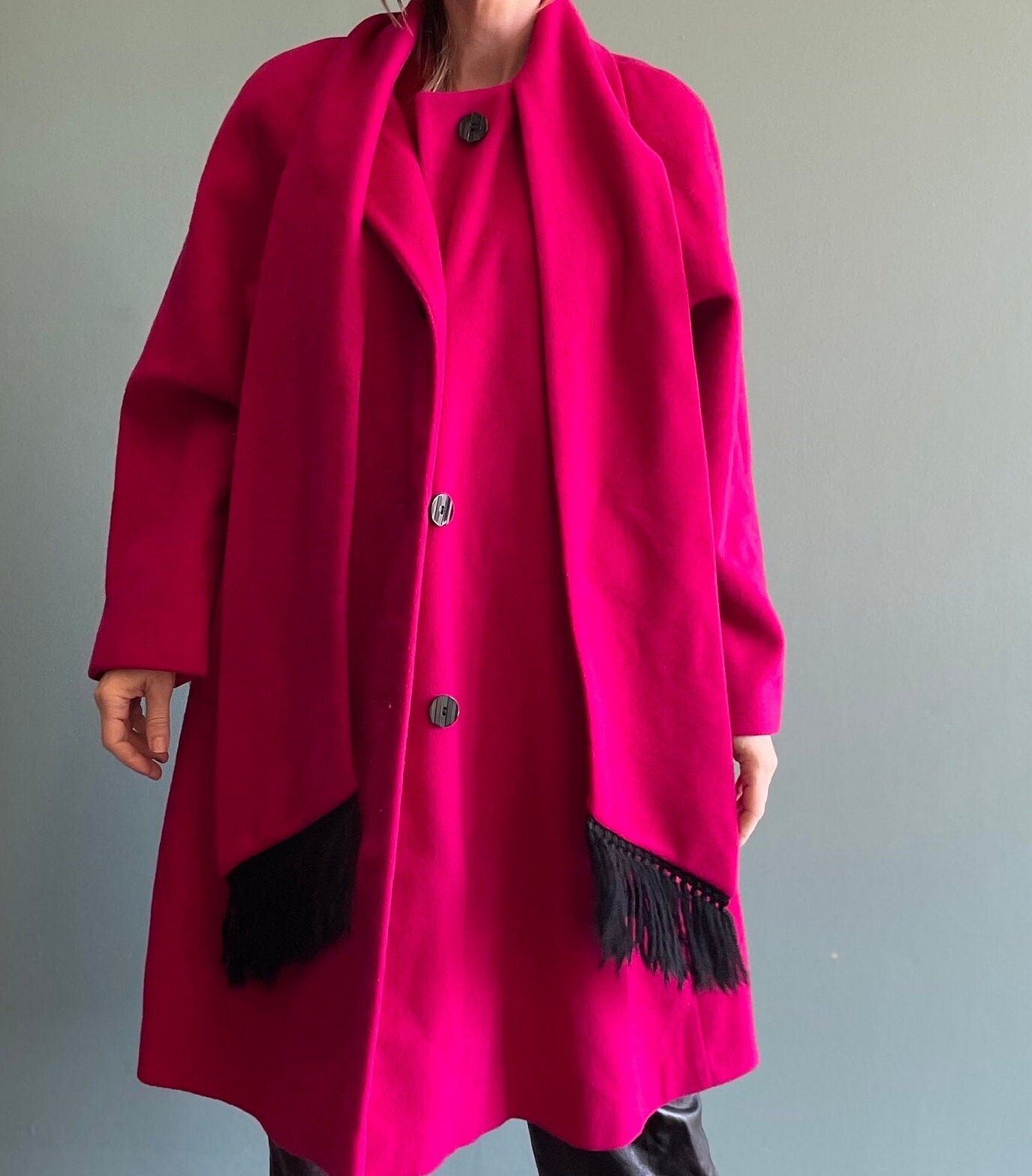 vtg FUCHSIA PINK WOOL jacket with matching scarf two tone black striped long winter coat