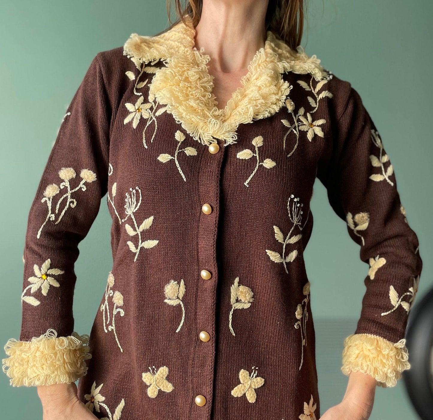 vtg 90s CHOCOLATE SHAGGY TRIM // vintage small womens long cardigan phoebe buffay style 90s fashion storybook knits embroidered autumn style