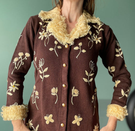 vtg 90s CHOCOLATE SHAGGY TRIM // vintage small womens long cardigan phoebe buffay style 90s fashion storybook knits embroidered autumn style