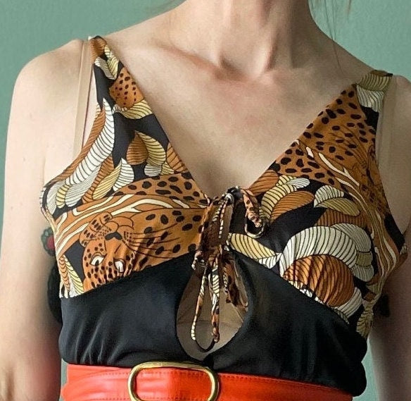 vtg 60s ANIMAL PRINT SLIP Dress // vintage mistee brand medium front tie sheer mini dress camisole teddy nightgown flowy sexy lingerie top