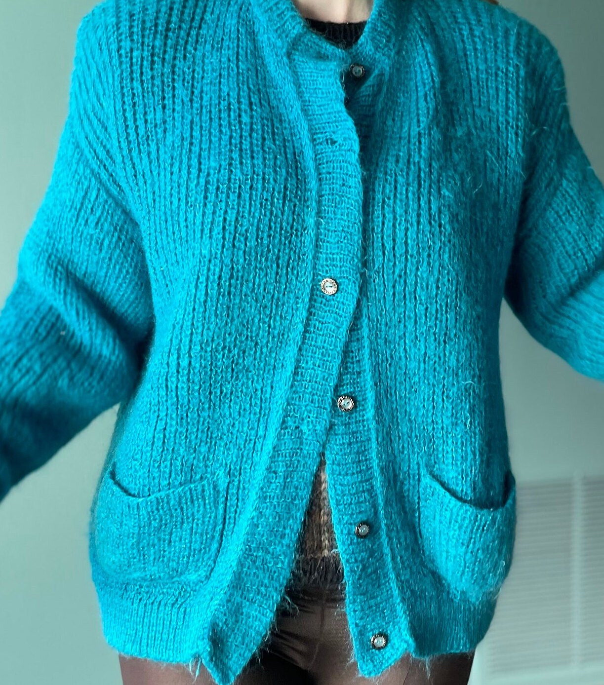 vtg 80s FUZZY TEAL CARDIGAN // vintage ribbed blue button up sweater womens medium shaggy bright funky casual cozy autumn style fashion top