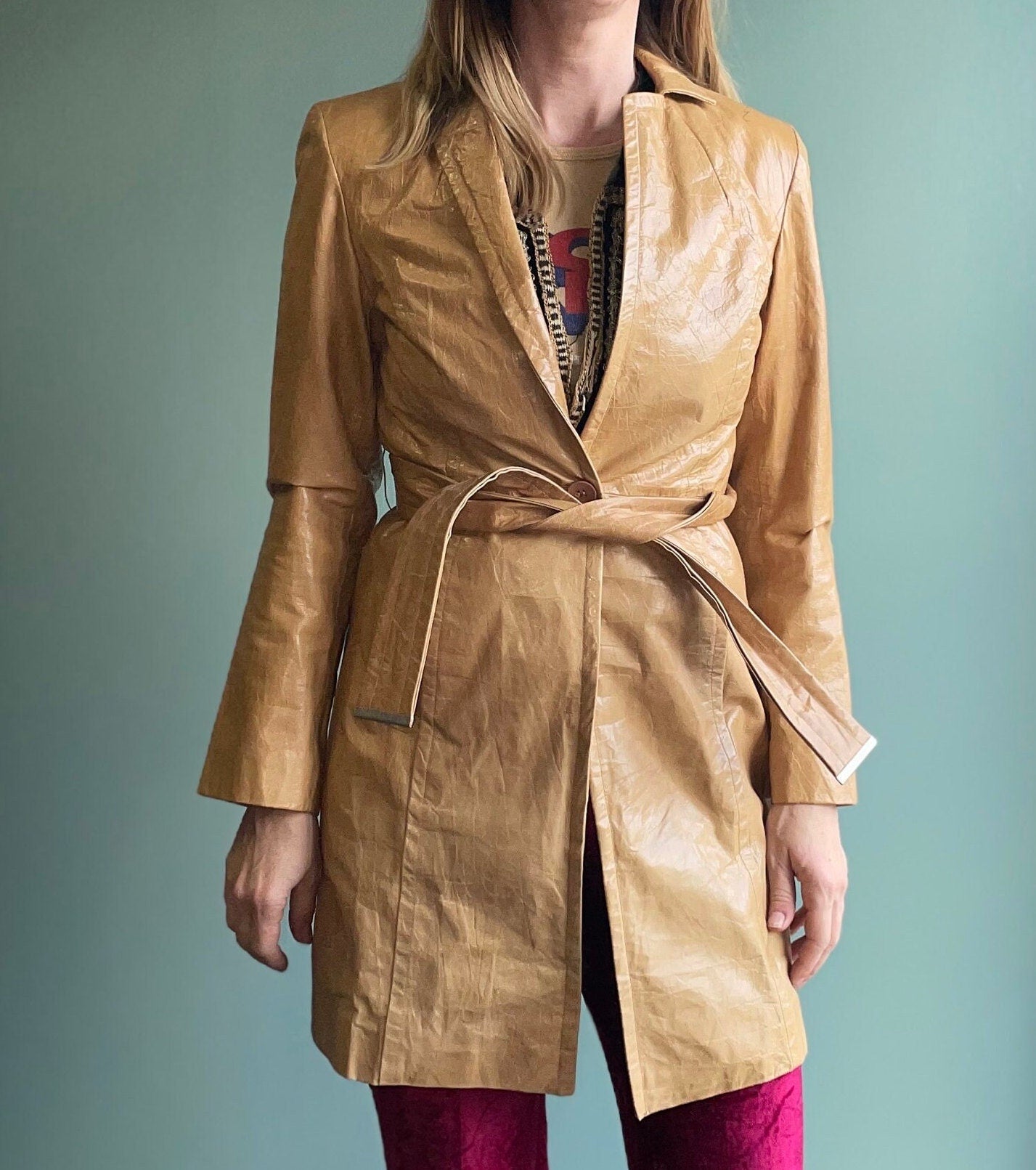 vtg 90s LEATHER CAMEL JACKET // vintage womens small retro tan long belted duster sexy neutral tones minimalist autumn style disco hippie