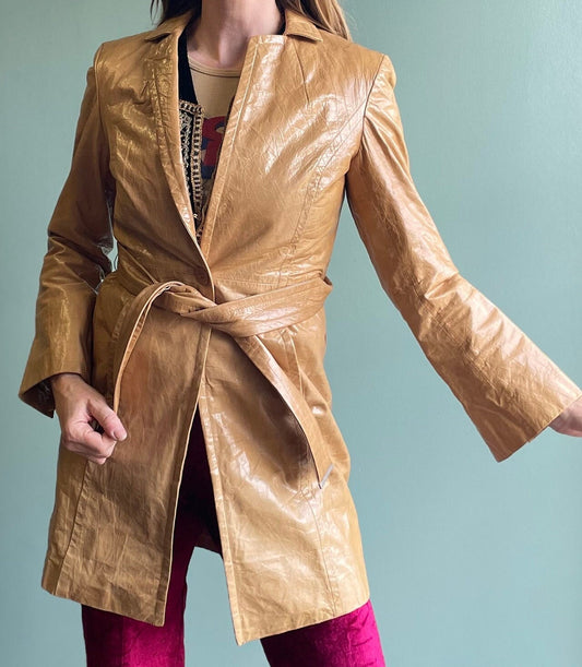 vtg 90s LEATHER CAMEL JACKET // vintage womens small retro tan long belted duster sexy neutral tones minimalist autumn style disco hippie