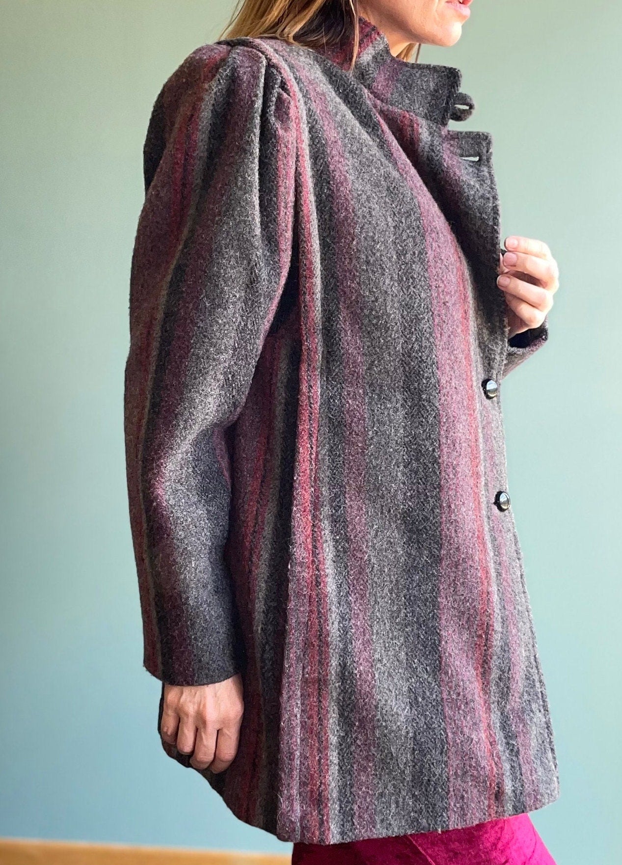 vtg 80s STRIPED WOOL COAT // vintage puffed sleeve pink and gray new wave coat stylish winter coat classy jacket unique earth tones striped