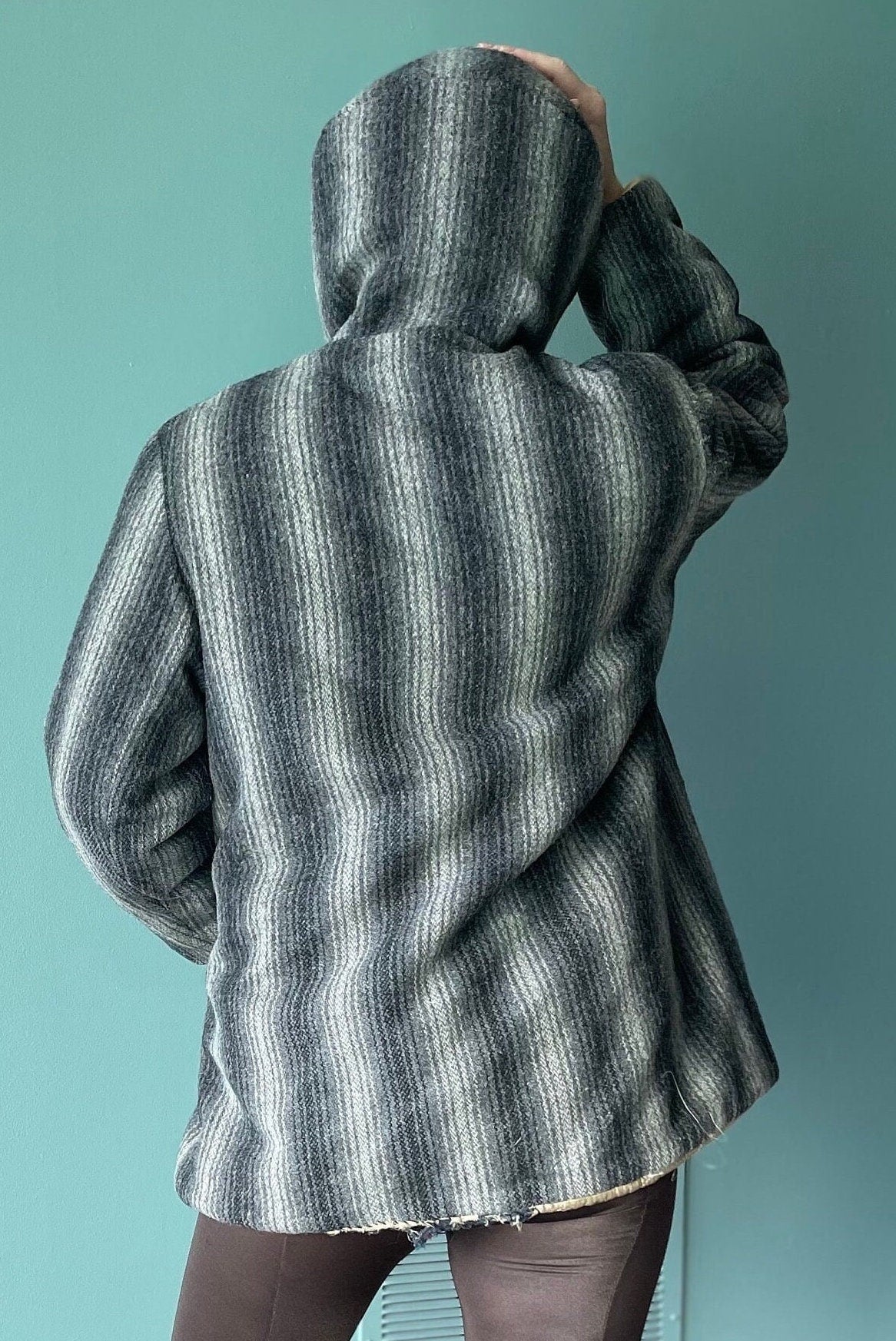 vtg 50s SHADOW STRIPED HOODED Coat // vintage quilted gray stripes wool autumn stylish winter jacket 60s warm parka overcoat stroller style
