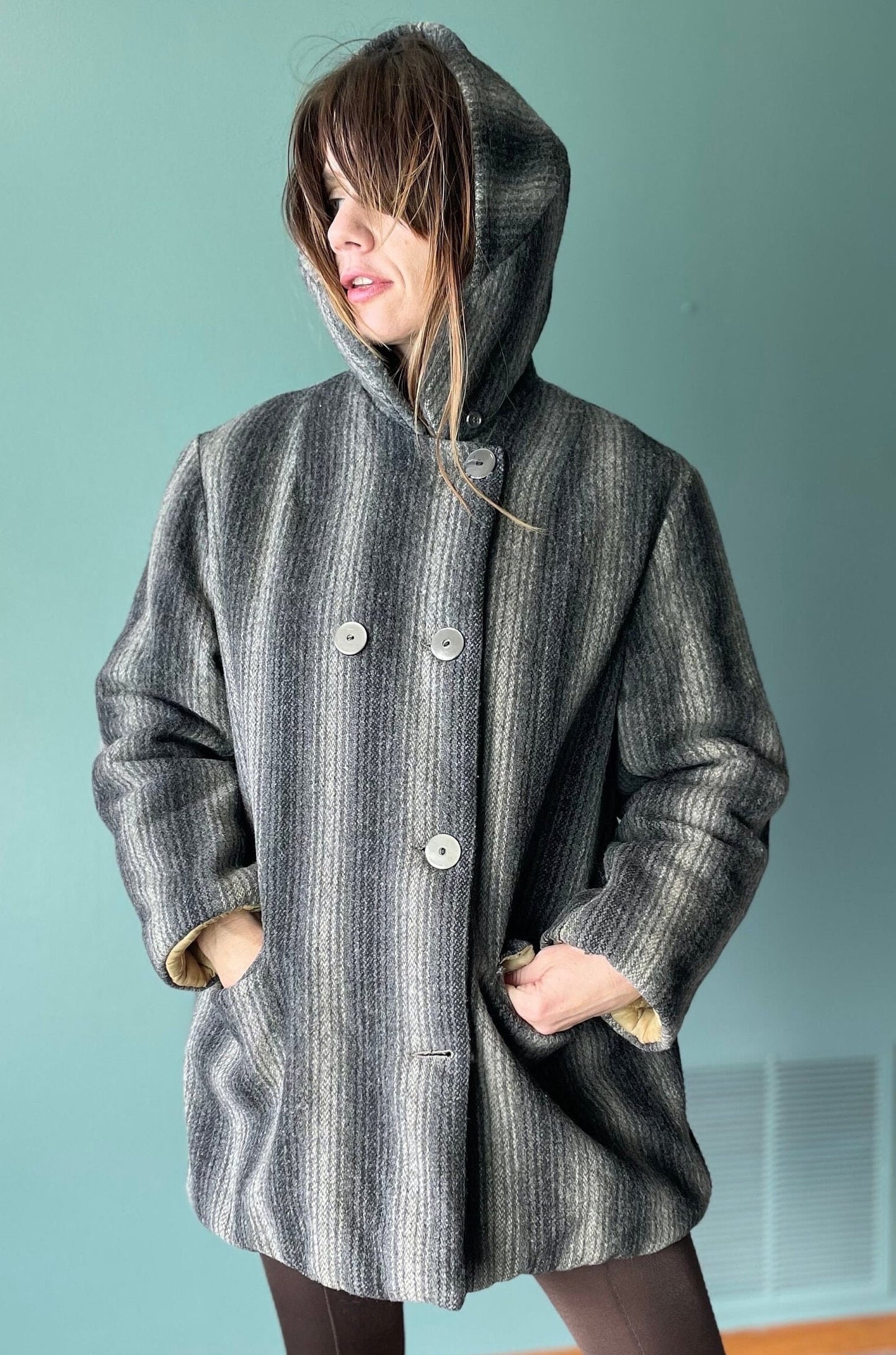 vtg 50s SHADOW STRIPED HOODED Coat // vintage quilted gray stripes wool autumn stylish winter jacket 60s warm parka overcoat stroller style