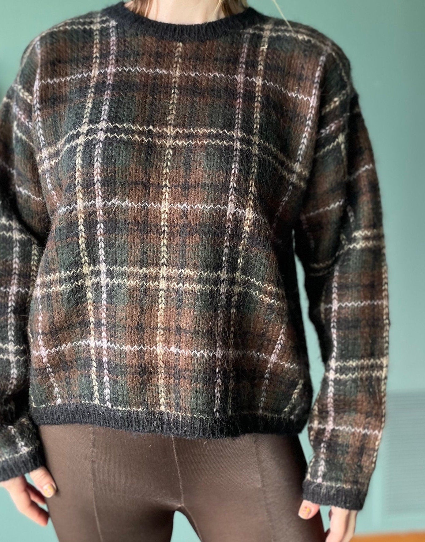 vtg 80s PLAID MOHAIR SWEATER // vintage striped paul harris design womens large neutral tones fuzzy autumn style shaggy knit boxy preppy top