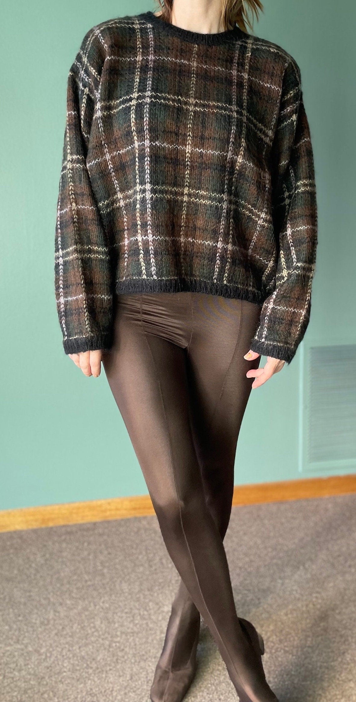vtg 80s PLAID MOHAIR SWEATER // vintage striped paul harris design womens large neutral tones fuzzy autumn style shaggy knit boxy preppy top