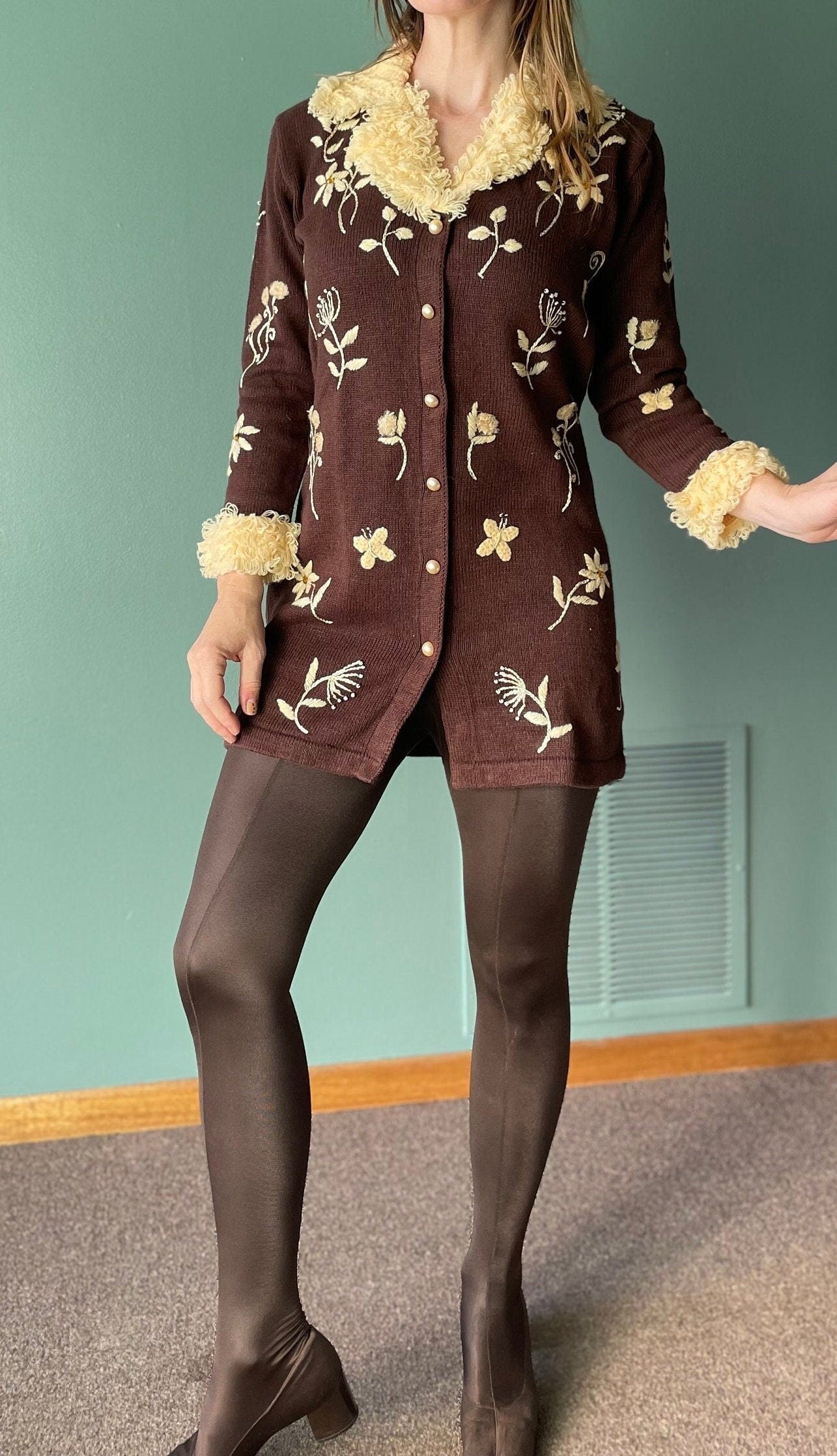 vtg 90s CHOCOLATE SHAGGY TRIM // vintage small womens long cardigan phoebe buffay style 90s fashion storybook knits embroidered autumn style