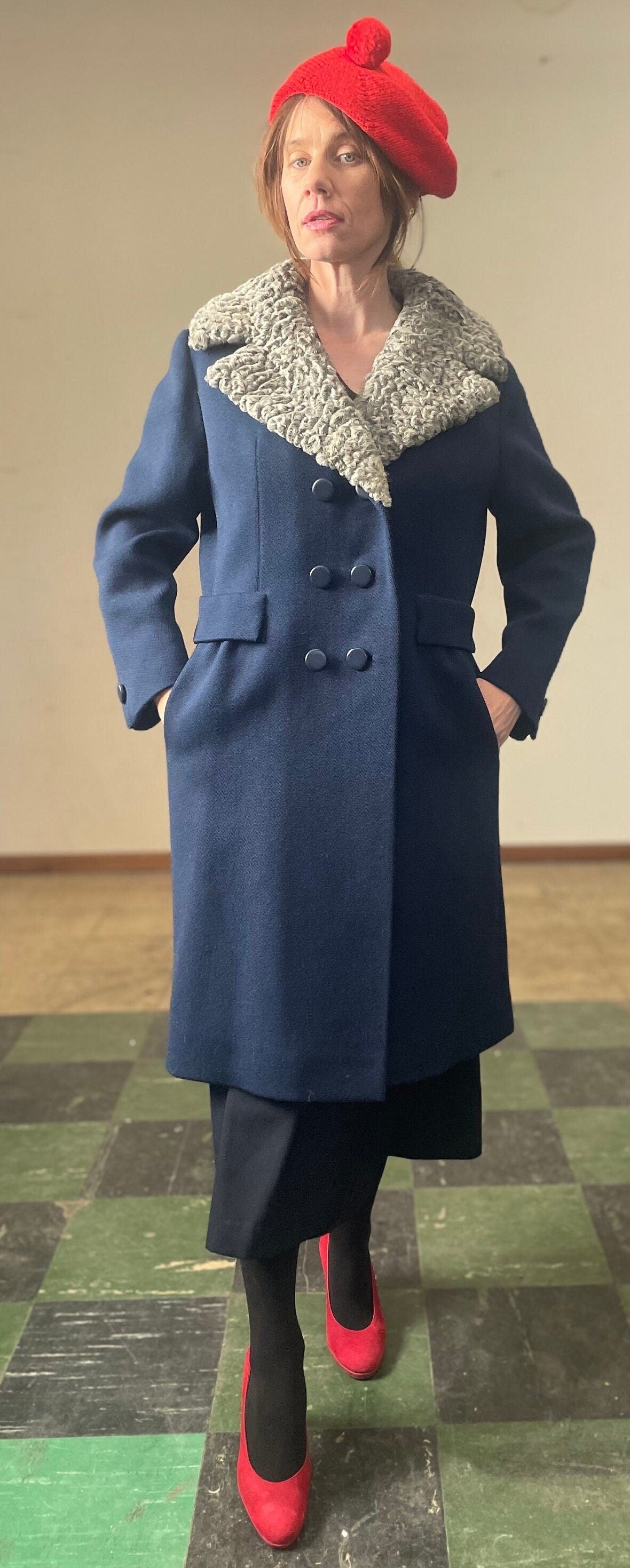 vtg 50s PERSIAN LAMB COLLAR Coat // vintage field schlick blue wool princess stroller jacket penny lane winter trench coat double breasted