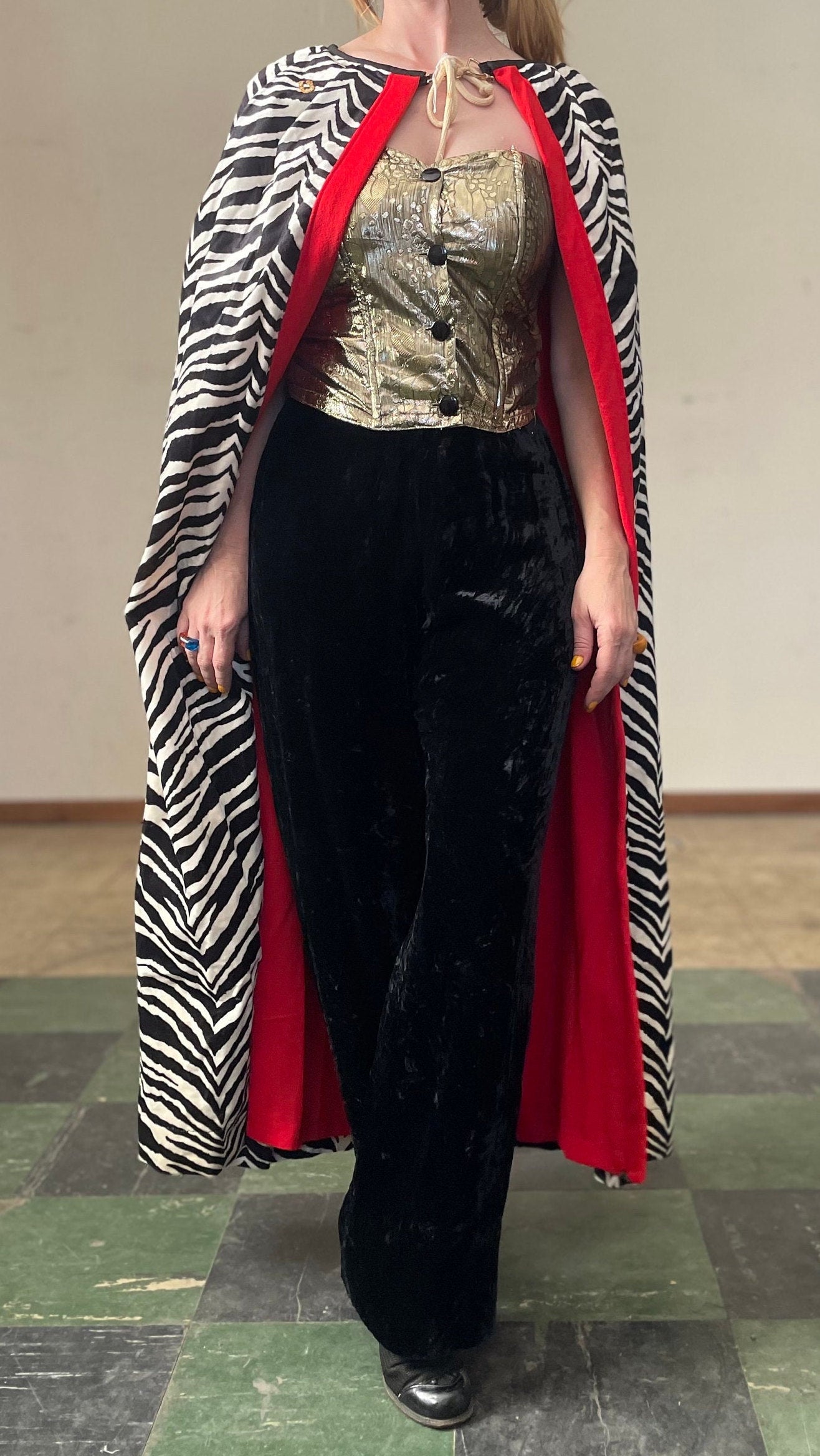 vtg 70s VELVET ZEBRA CAPE // vintage black white red animal print jacket abstract poncho dress glam rock drag womens retro style maxi dress