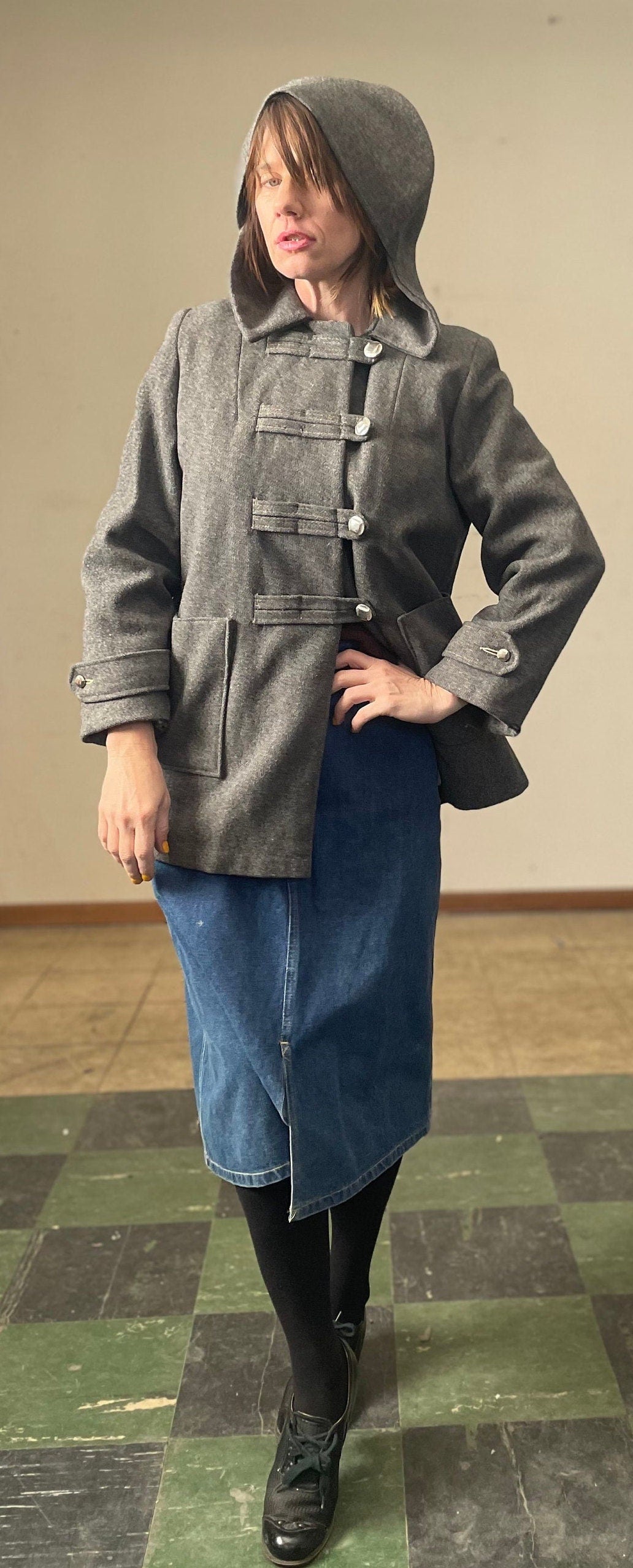 vtg 60s GRAY HOODED PEACOAT // vintage womens small wool winter coat button up military band style collared minimalist neutral autumn style